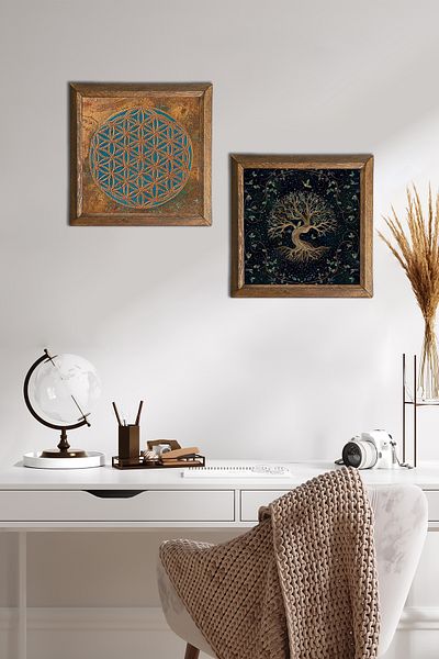 Pinecone Flower of Life, Tree of Life Stone Wall Painting Wood Framed Wall Decor 2 Piece Painting Set -W2-445-