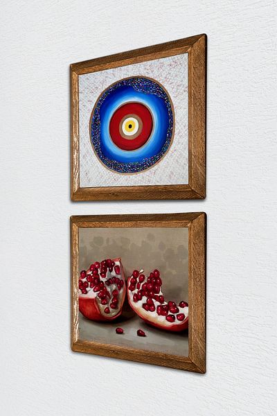 Pinecone Evil Eye, Pomegranate Stone Wall Painting with Wooden Frame Wall Decor 2 Piece Painting Set Wall Art -W2-266-