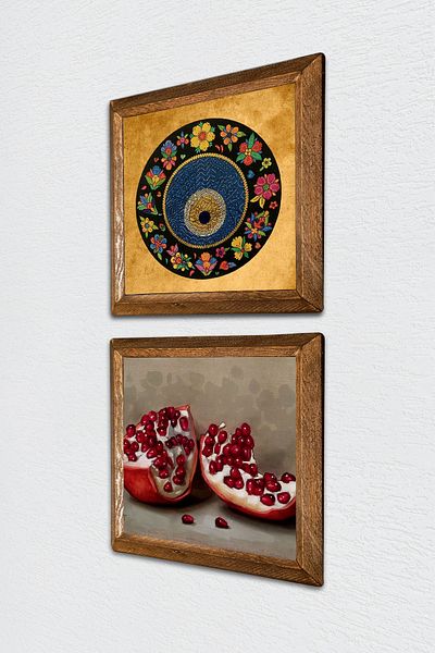 Pinecone Evil Eye, Pomegranate Stone Wall Painting with Wooden Frame Wall Decor 2 Piece Painting Set Wall Art -W2-736-