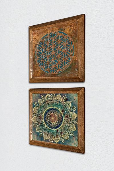 Pinecone Flower of Life, Mandala Stone Wall Painting Wood Framed Wall Decor 2 Piece Painting Set -W2-589-