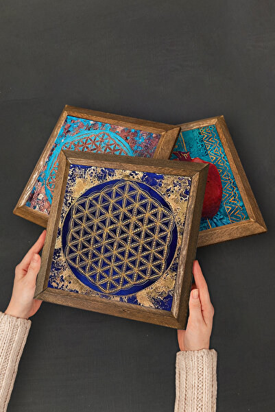 Pinecone Flower of Life, Fatma Mother Hand (Hamsa) Stone Wall Painting Wood Framed Wall Decor -W2-46-