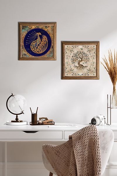 Pinecone Păun, Arborele Vieții Pictură pe perete din piatră Decor de perete cu rame din lemn Set de pictură 2 piese -W2-210-