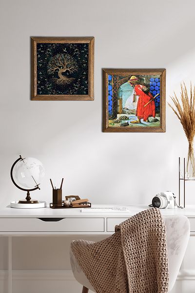 Pinecone Tree of Life, Turtle Trainer Stone Wall Painting Wood Framed Wall Decor -W2-341-