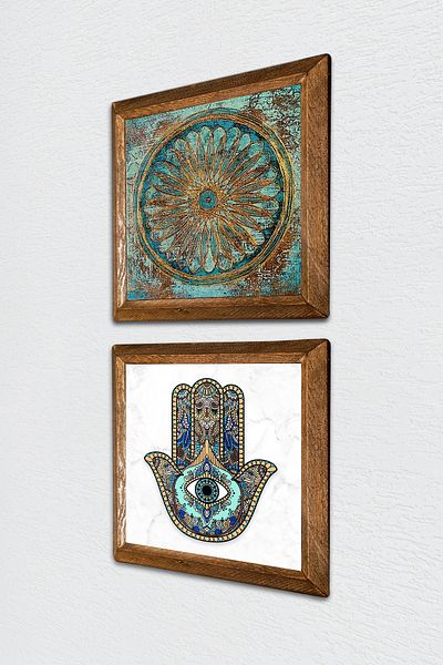 Pinecone Flower of Life, Fatma Mother Hand (Hamsa) Stone Wall Painting Wood Framed Wall Decor -W2-46-