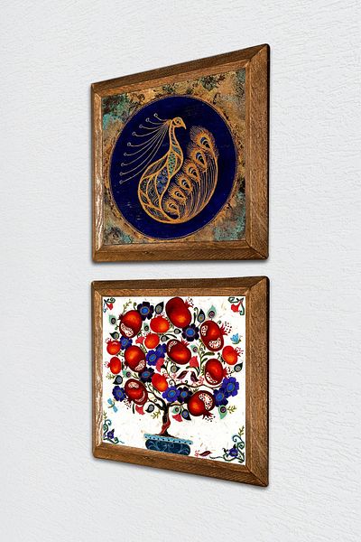 Pinecone Păun, pictură pe perete din piatră de pom de rodie, decor de perete cu rame din lemn, set de pictură din 2 piese -W2-172-