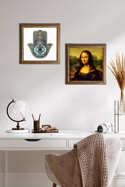 Pinecone Leonardo Da Vinci Mona Lisa, Fatima Mother Hand (Hamsa) Stone Wall Painting Framed Wall Decor -W2-10-