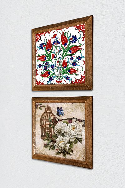Pinecone Tulip, Butterfly Flower Stone Wall Painting Wooden Framed Wall Decor 2 Piece Painting Set -W2-292-