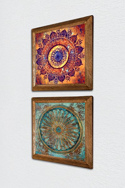 Pinecone Mandala, Flower of Life Stone Wall Painting with Wooden Frame Wall Decor 2 Piece Painting Set -W2-518-