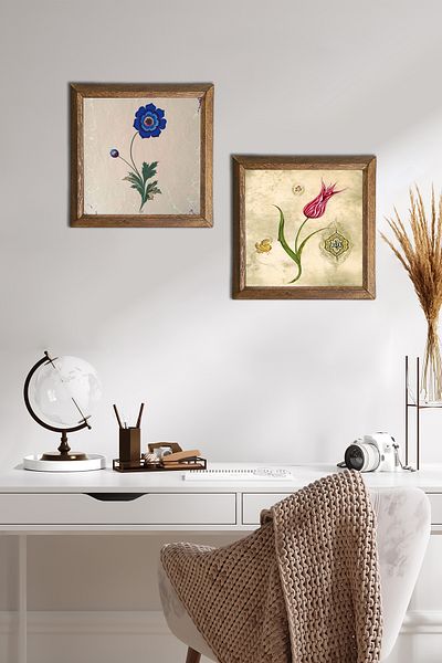 Pinecone Marbling Art, Tulip Stone Wall Painting with Wooden Frame Wall Decor Set of 2 Painting Wall Art -W2-692-
