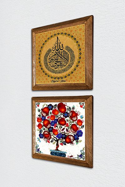 Pinecone Verse-Hand Kursi, Pomegranate Tree Stone Wall Painting Wooden Framed Wall Decor 2 Piece Painting Set -W2-190-
