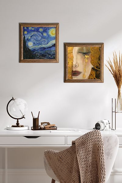 Pinecone Van Gogh Starry Night, Klimt Golden Tears Stone Wall Painting Framed Wall Decor -W2-363-
