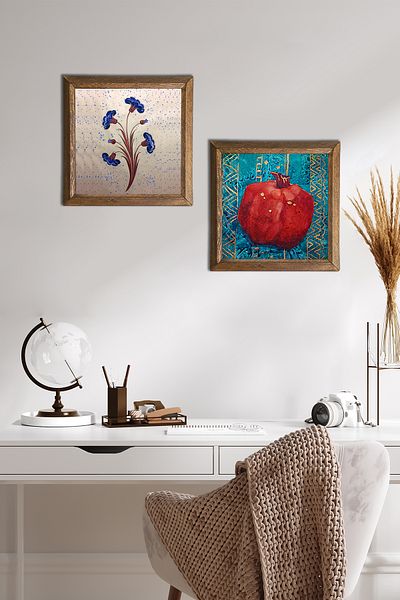Pinecone Artă marmorată, pictură pe perete cu piatră de rodie, decor de perete cu rame din lemn, set de pictură din 2 piese, artă de perete -W2-135-