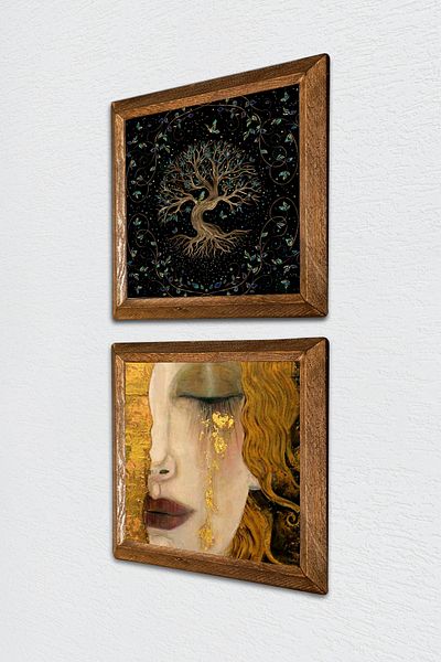 Pinecone The Tree of Life, Gustav Klimt Golden Tears Stone Wall Painting Wood Framed Wall Decor -W2-366-