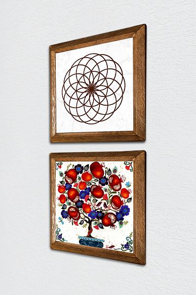 Pinecone Flower of Life, Pomegranate Tree Stone Wall Painting Wood Framed Wall Decor 2 Piece Painting Set -W2-166-