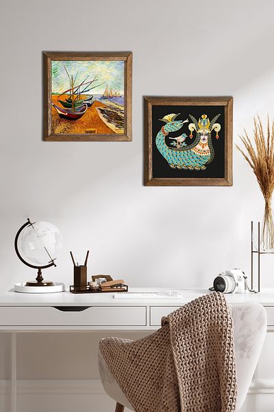 Pinecone Van Gogh Fishing Boats, Shahmeran Stone Wall Painting with Wooden Frame Wall Decor -W2-279-