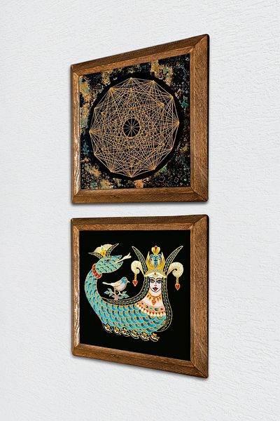 Pinecone Sri Yantra, Shahmeran Πέτρινη Ζωγραφική Τοίχων με Ξύλινο Πλαίσιο Διακόσμηση Τοίχου 2 τεμαχίων Σετ ζωγραφικής -W2-263-