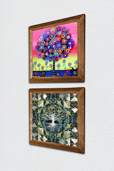 Pinecone Arborele vieții Pictură pe perete din piatră Decor de perete cu rame din lemn Set de pictură din 2 piese Artă de perete -W2-662-