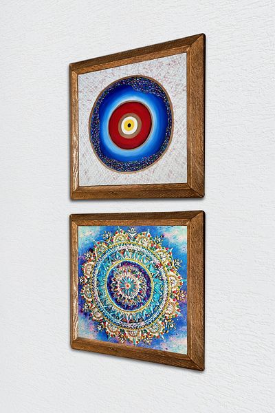 Pinecone Evil Eye, Mandala Stone Pictură de perete cu cadru din lemn Decor de perete Set de pictură din 2 piese Wall Art -W2-579-