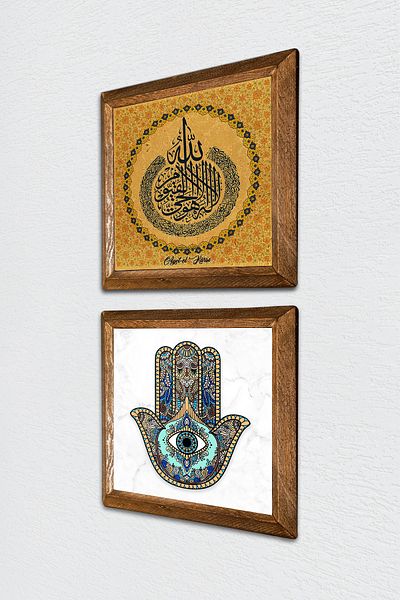 Pinecone Vers-Hand Throne, Fatma Mother Hand (Hamsa) Pictură pe perete din piatră Decor de perete cu rame din lemn -W2-68-