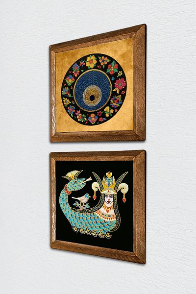 Pinecone Evil Eye, Shahmeran Stone Wall Painting with Wooden Frame Wall Decor 2 Piece Painting Set Wall Art -W2-241-