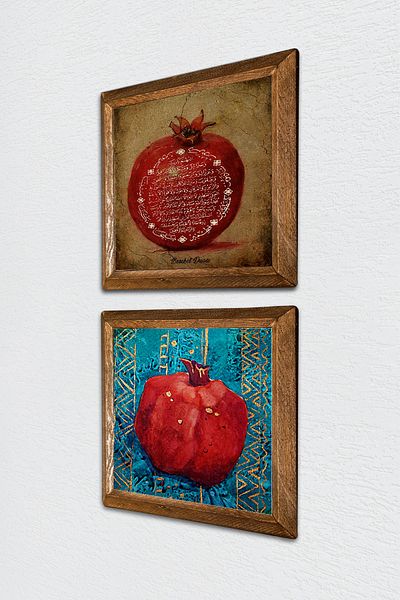Pinecone Fertility Prayer, Pomegranate Stone Wall Painting with Wooden Frame Wall Decor Set of 2 Painting Wall Art -W2-97-