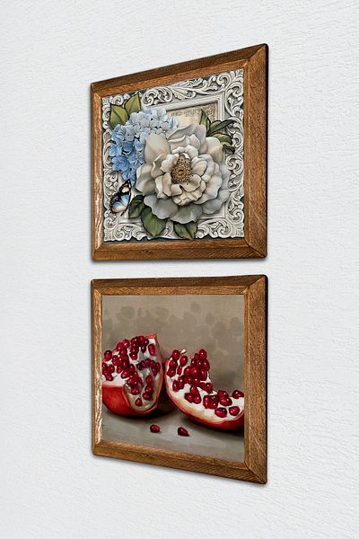 Pinecone Flower with Butterfly, Pomegranate Stone Wall Painting with Wooden Frame Wall Decor 2 Piece Painting Set -W2-731-