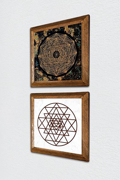 Pinecone Sri Yantra Πέτρινη Ζωγραφική Τοίχων με Ξύλινο Πλαίσιο Διακόσμηση Τοίχου 2 τεμαχίων Σετ Ζωγραφικής Wall Art -W2-469-