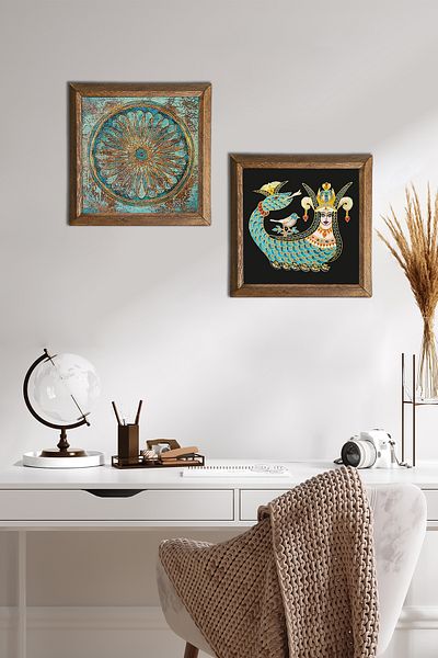 Pinecone Floarea vieții, pictură pe perete din piatră Shahmeran, decor de perete cu rame din lemn, set de pictură din 2 piese -W2-258-