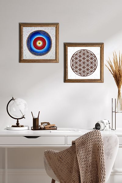 Pinecone Evil Eye, Flower of Life Stone Wall Painting Wooden Framed Wall Decor Set of 2 Painting Wall Art -W2-484-