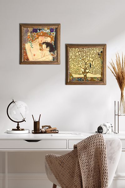 Pinecone Gustav Klimt Mamă Copil, Arborele Vieții Pictură pe perete din piatră Decor de perete cu rame din lemn -W2-344-