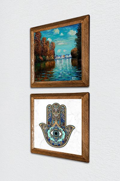 Pinecone Claude Monet Φθινόπωρο, Πέτρινος τοίχος με το χέρι της Φατμά (Χάμσα) Ξύλινο πλαίσιο διακόσμηση τοίχου -W2-65-