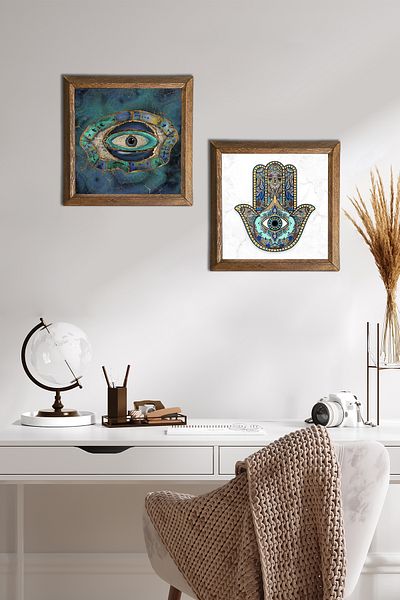 Pinecone Evil Eye, Fatma Ana Hand (Hamsa) Pictură pe perete din piatră Decor de perete cu rame din lemn Set de 2 picturi -W2-52-
