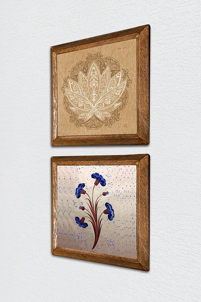 Pinecone Marbling Art, Lotus Flower Stone Wall Painting with Wooden Frame Wall Decor 2 Piece Painting Set -W2-503-