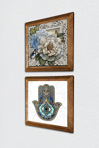 Pinecone Floare Fluture, Mâna Fatmei (Hamsa) Pictură pe perete din piatră Decor de perete cu rame din lemn -W2-06-