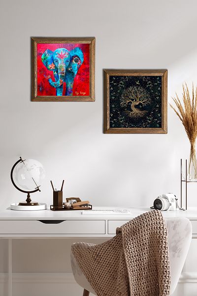 Pinecone Elephant, Tree of Life Stone Wall Art Wood Framed Wall Decor 2 Piece Table Set Wall Art -W2-440-