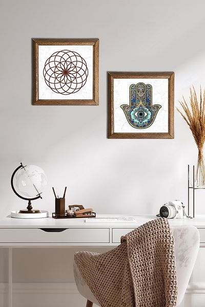 Pinecone Flower of Life, Fatma Mother Hand (Hamsa) Stone Wall Painting Wooden Framed Wall Decor -W2-41-