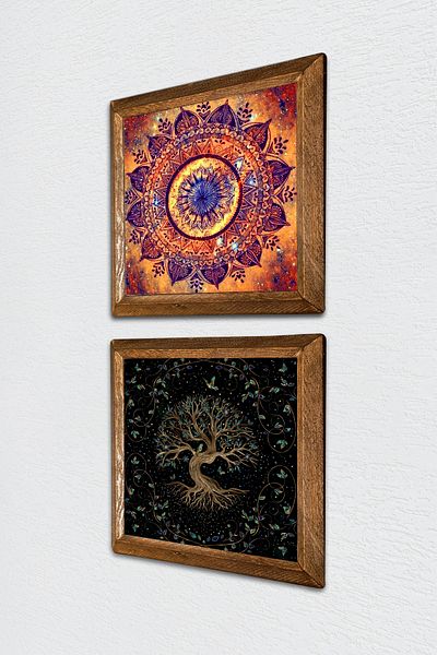 Pinecone Mandala, Tree of Life Stone Wall Painting with Wooden Frame Wall Decor 2 Piece Painting Set -W2-442-