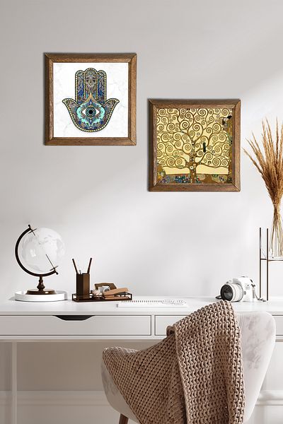 Pinecone Gustav Klimt Tree of Life, Hand of Mother Fatma (Hamsa) Stone Wall Painting Framed Wall Decor -W2-14-