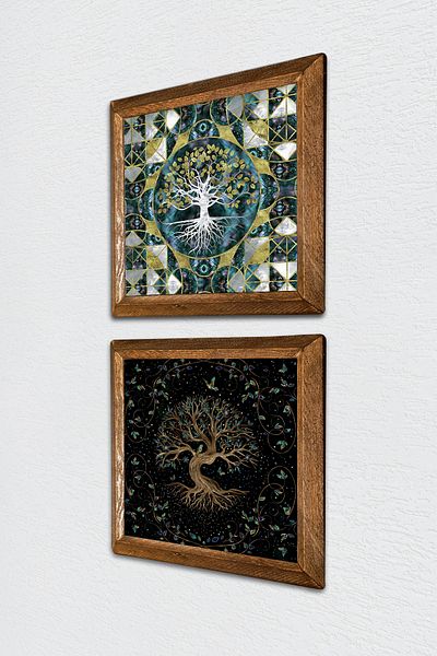 Pinecone Pictură pe perete cu piatră Arborele vieții cu cadru din lemn Decor de perete Set de pictură din 2 piese Artă de perete -W2-444-