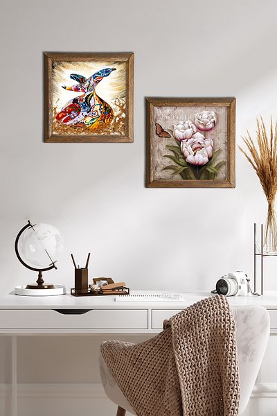 Pinecone Floare Fluture, Pictură Perete Piatră Strălucitoare Decor Perete Cu Cadru Din Lemn Set Pictură 2 Piese -W2-612-