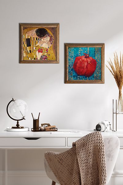Pinecone The Kiss by Gustav Klimt, Pomegranate Stone Wall Painting with Wooden Frame Wall Decor 2 Piece Painting Set -W2-94-