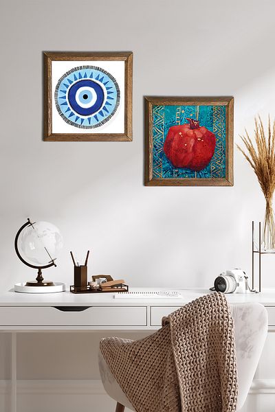 Pinecone Evil Eye, Pomegranate Stone Wall Painting with Wooden Frame Wall Decor 2 Piece Painting Set Wall Art -W2-138-