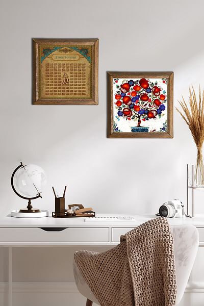 Pinecone Esma'ul Hüsna, pictură pe perete din piatră de pom de rodie, decor de perete cu cadru din lemn, set de pictură din 2 piese -W2-645-