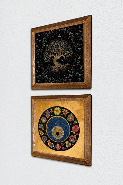 Pinecone Δέντρο της ζωής, Πίνακας τοίχου με πέτρα με κακό μάτι Ξύλινο πλαίσιο Διακόσμηση τοίχου Σετ ζωγραφικής 2 τεμαχίων Wall Art -W2-406-