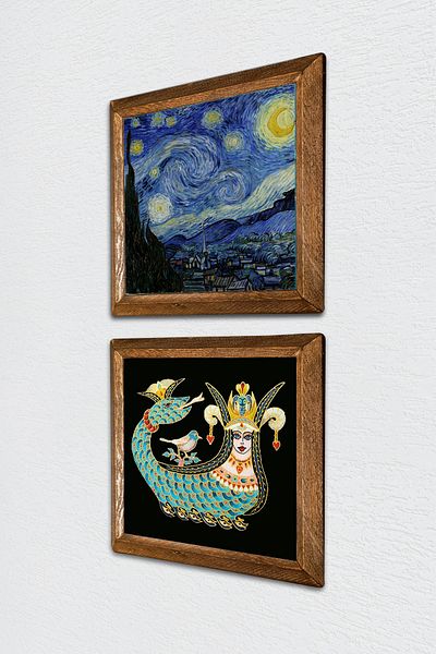 Pinecone Noaptea înstelată Van Gogh, pictură pe perete cu piatră Shahmeran, decor de perete cu rame din lemn, set de 2 picturi -W2-236-