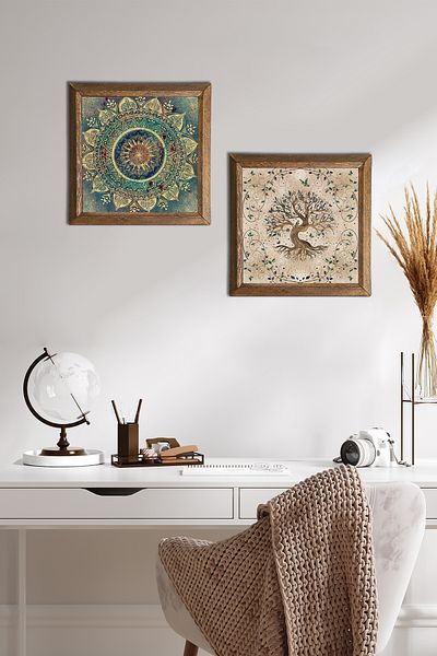 Pinecone Mandala, Tree of Life Stone Wall Painting Wooden Framed Wall Decor 2 Piece Painting Set -W2-220-