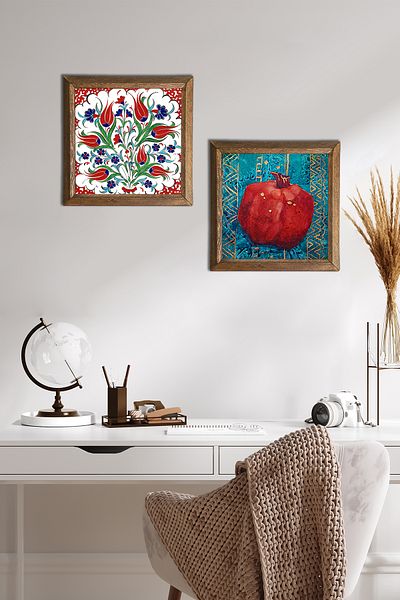 Pinecone Lalele, pictură pe perete cu piatră de rodie, decor de perete cu rame din lemn, set de pictură din 2 piese, artă de perete -W2-121-