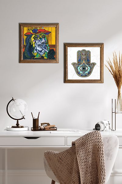 Pinecone Picasso plângând femeie, Fatma Mâna Domnului (Hamsa) Pictură pe perete din piatră Decor de perete cu rame din lemn -W2-79-