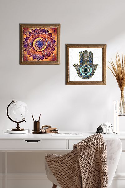 Pinecone Mandala, Mother Hand of Fatma (Hamsa) Stone Wall Painting Wooden Framed Wall Decor 2 Piece Painting -W2-56-