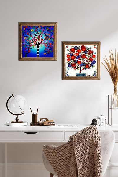 Pinecone Arborele vieții, pictură pe perete din piatră de pom de rodie, decor de perete cu rame din lemn, set de pictură din 2 piese -W2-644-